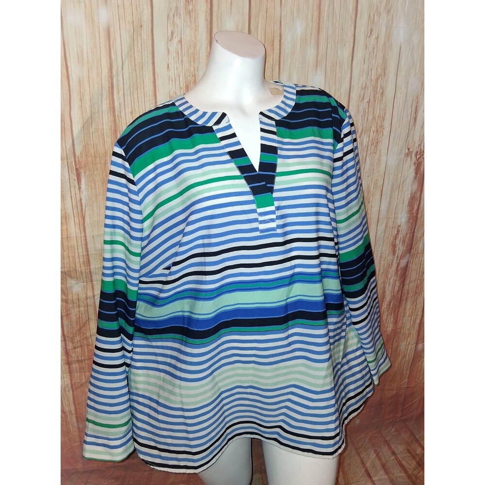Talbots Multicolor Stripe Long Roll Tab Sleeve V-neck Blouse Sz 2XP